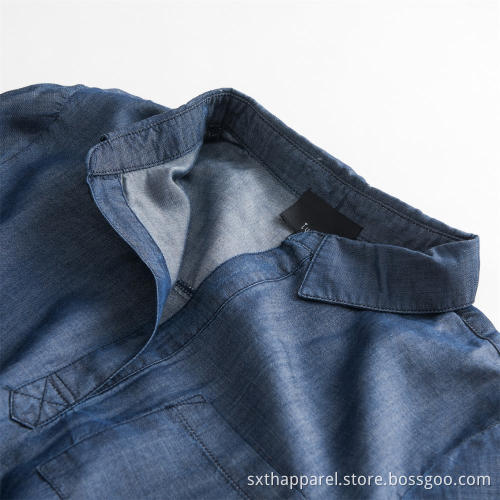 Kvinnors marinblå långärmad Tencel denim-lös skjorta